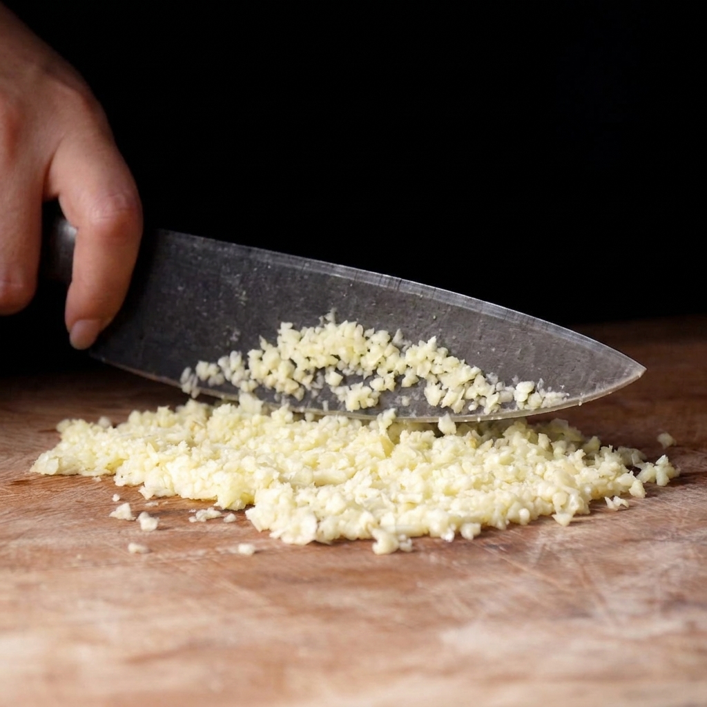 Eine Nahaufnahme eines Messers, das Knoblauchzehen auf einem Holzschneidebrett in feine Stücke hackt.