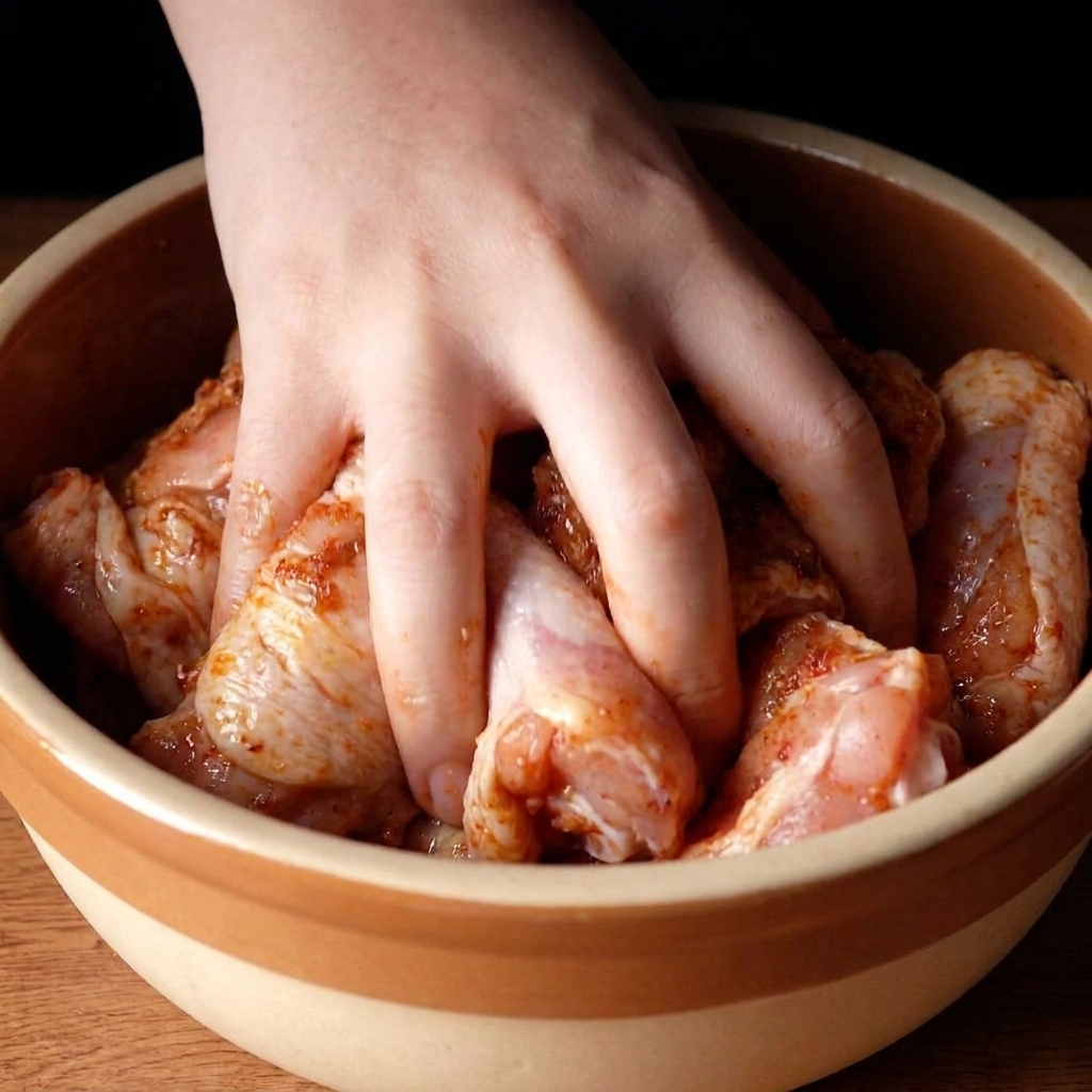 Eine Hand massiert eine rötliche Cajun-Gewürzmarinade in einer Keramikschüssel gründlich in rohe Hähnchenkeulen ein.