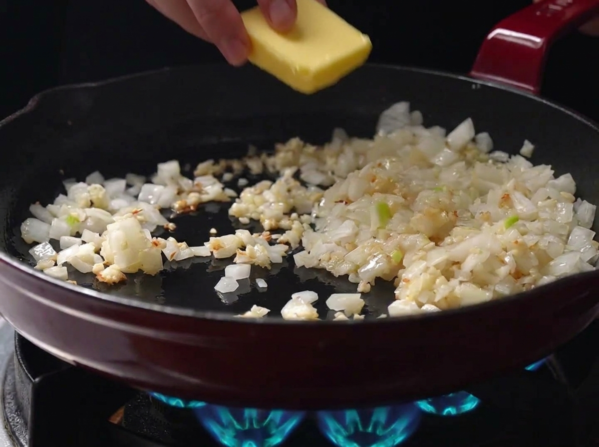 Eine Hand gibt ein rechteckiges Stück gelbe Butter in eine Pfanne mit angedünsteten Zwiebeln und Knoblauch über einer blauen Gasflamme.