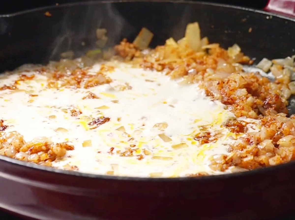 Die Sahne-Brühe-Mischung köchelt zusammen mit Cajun-Gewürzen und Zwiebeln in einer Bratpfanne.