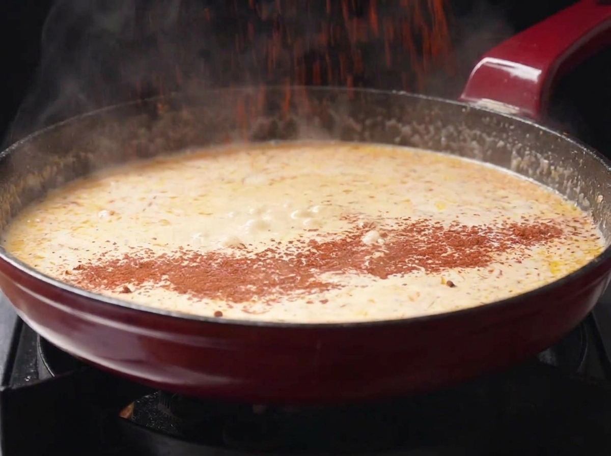 Rotes Chilipulver wird in eine köchelnde Rahmsauce in einer roten Bratpfanne gestreut.