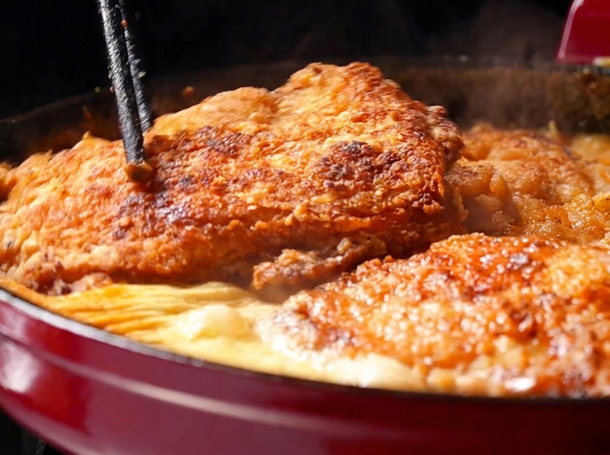 Knusprige goldbraune Hähnchenkeulen werden mit Essstäbchen zurück in eine rote Pfanne mit einer köchelnden, reichhaltigen orangefarbenen Rahmsauce gelegt.
