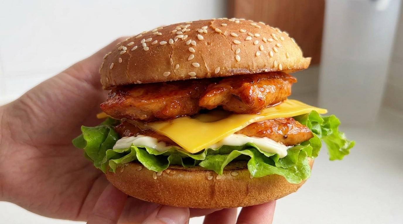Ein frisch zubereiteter Orleans Chicken Burger mit glänzend gebratener Hähnchenbrust, geschmolzenem Käse und knackigem Salat im gerösteten Sesambrötchen.