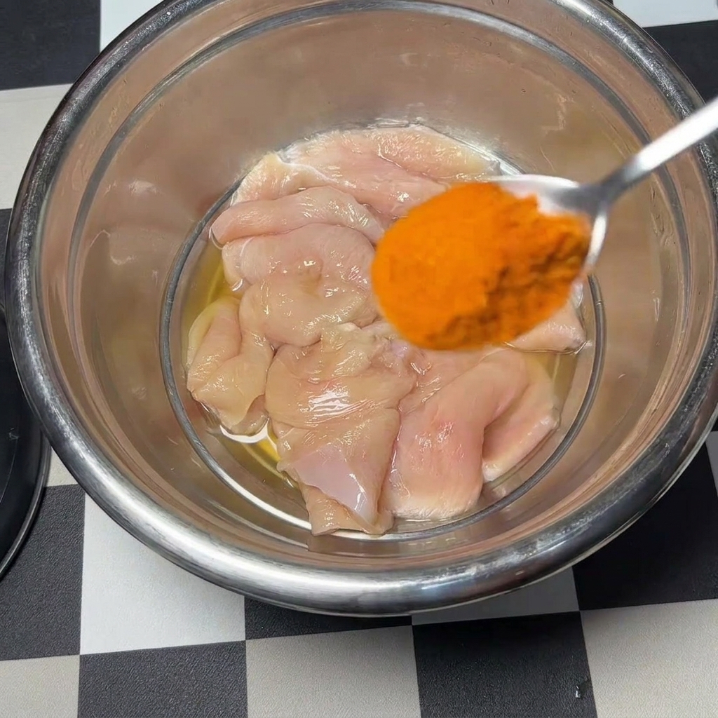 Ein Metalllöffel mit leuchtend orangefarbenem Gewürzpulver über einer Edelstahlschüssel mit rohen Hähnchenschnitzeln, die bereits mit Ei und flüssigen Gewürzen benetzt sind.