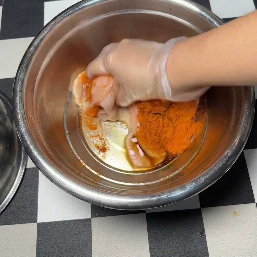 Eine Hand im klaren Plastikhandschuh knetet rohe Hähnchenschnitzel in einer Edelstahlschüssel, um sie gleichmäßig mit einer intensiv orange-roten Gewürzmarinade zu vermengen.
