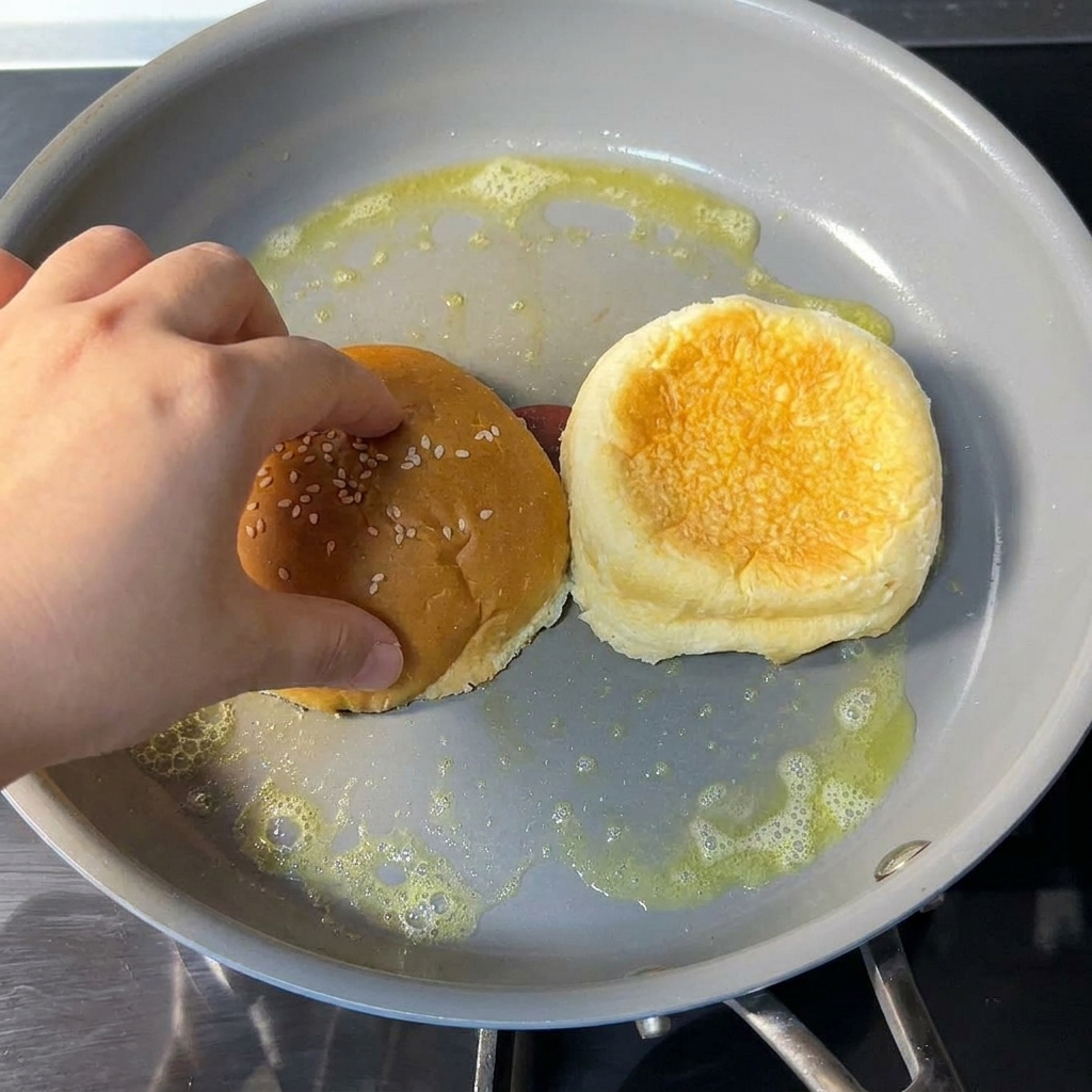Eine Hand legt ein Sesam-Burgerbrötchen mit der Schnittfläche nach unten neben ein anderes Brötchen in eine graue, beschichtete Pfanne mit schäumender geschmolzener Butter.