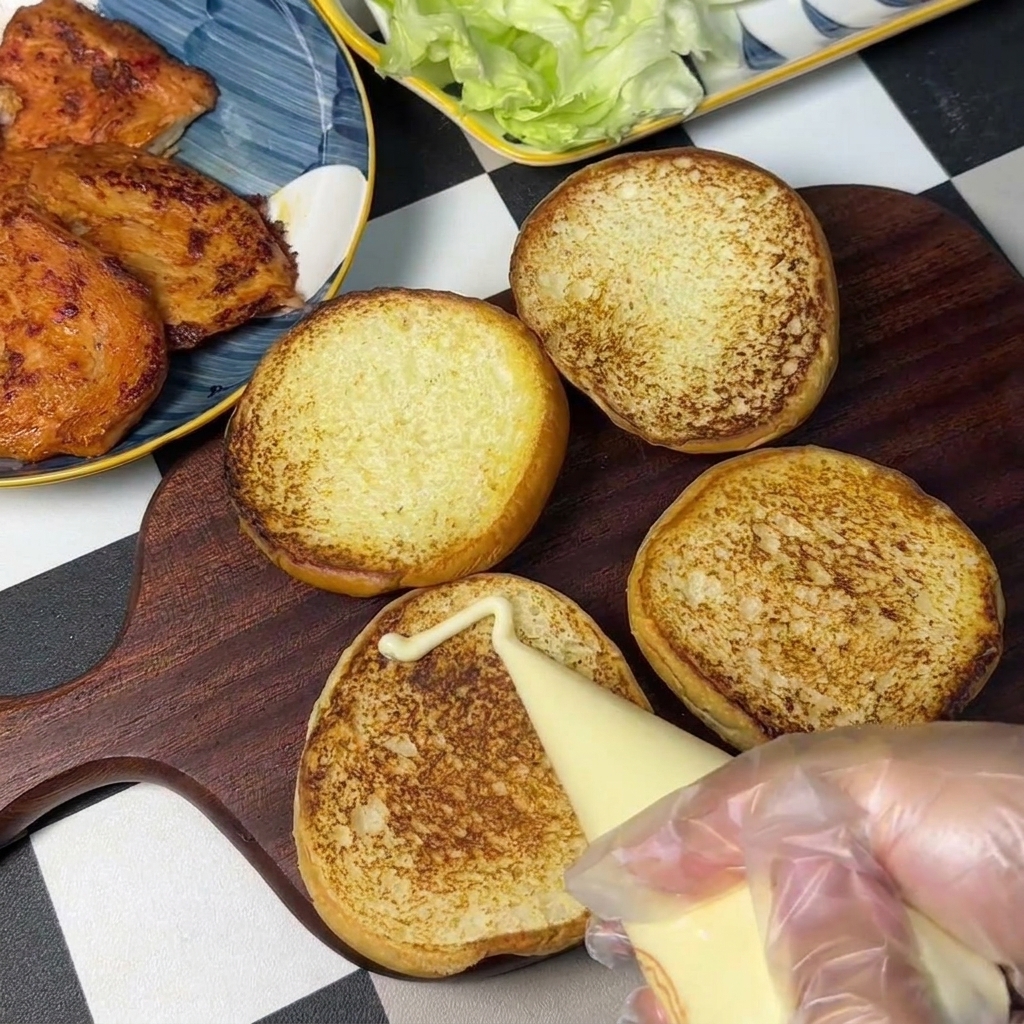 Eine Hand im Handschuh spritzt cremige, weiße Mayonnaise aus einem Spritzbeutel in Schlangenlinien auf geröstete Burgerbrötchen, die auf einem Holzbrett liegen.
