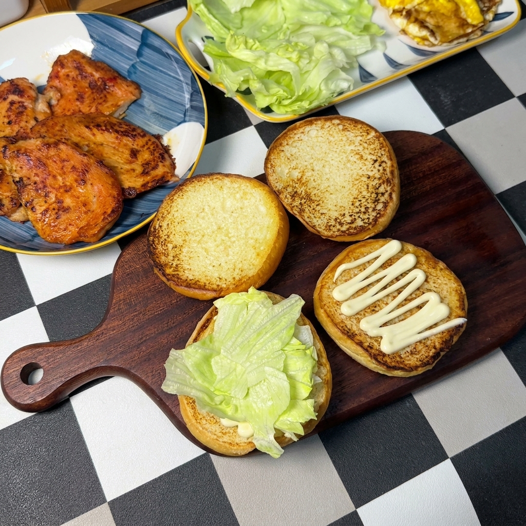 Frische grüne Salatblätter liegen auf gerösteten Burgerbrötchen mit Mayonnaise; daneben stehen Teller mit gebratenen Hähnchenschnitzeln und Spiegeleiern bereit.