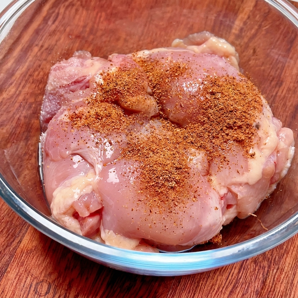 Rotbraunes Cajun-Gewürzpulver liegt großzügig verteilt auf rohen Hähnchenschenkeln in einer klaren Glasschüssel.