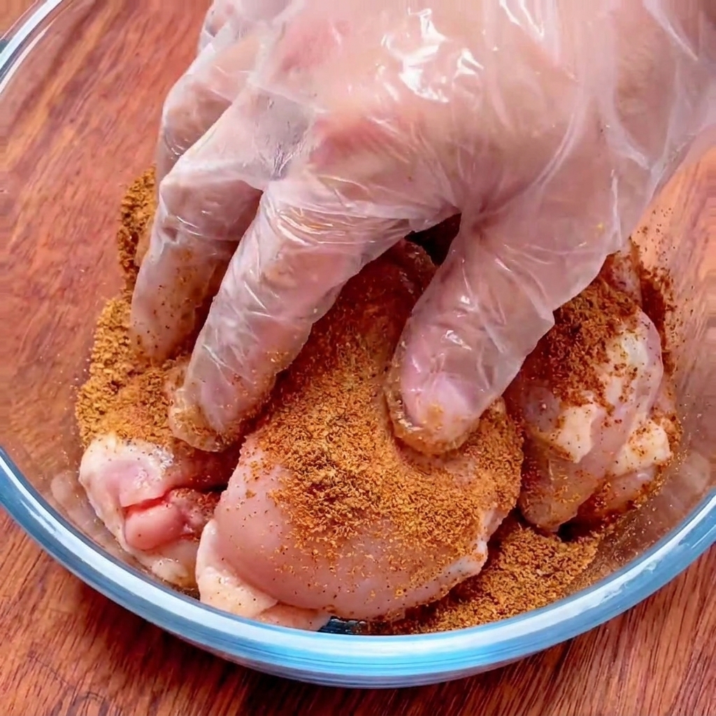 Eine Hand in einem klaren Plastikhandschuh reibt rohe Hähnchenschenkel in einer Glasschüssel gründlich mit dem rotbraunen Cajun-Gewürz ein.