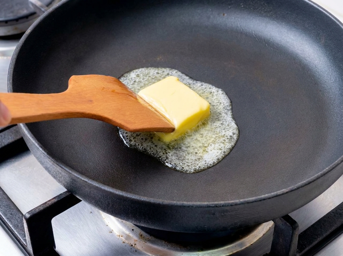 Ein quadratisches Stück gelbe Butter schmilzt und schäumt in einer schwarzen Pfanne und wird mit einem Holzpfannenwender bewegt.