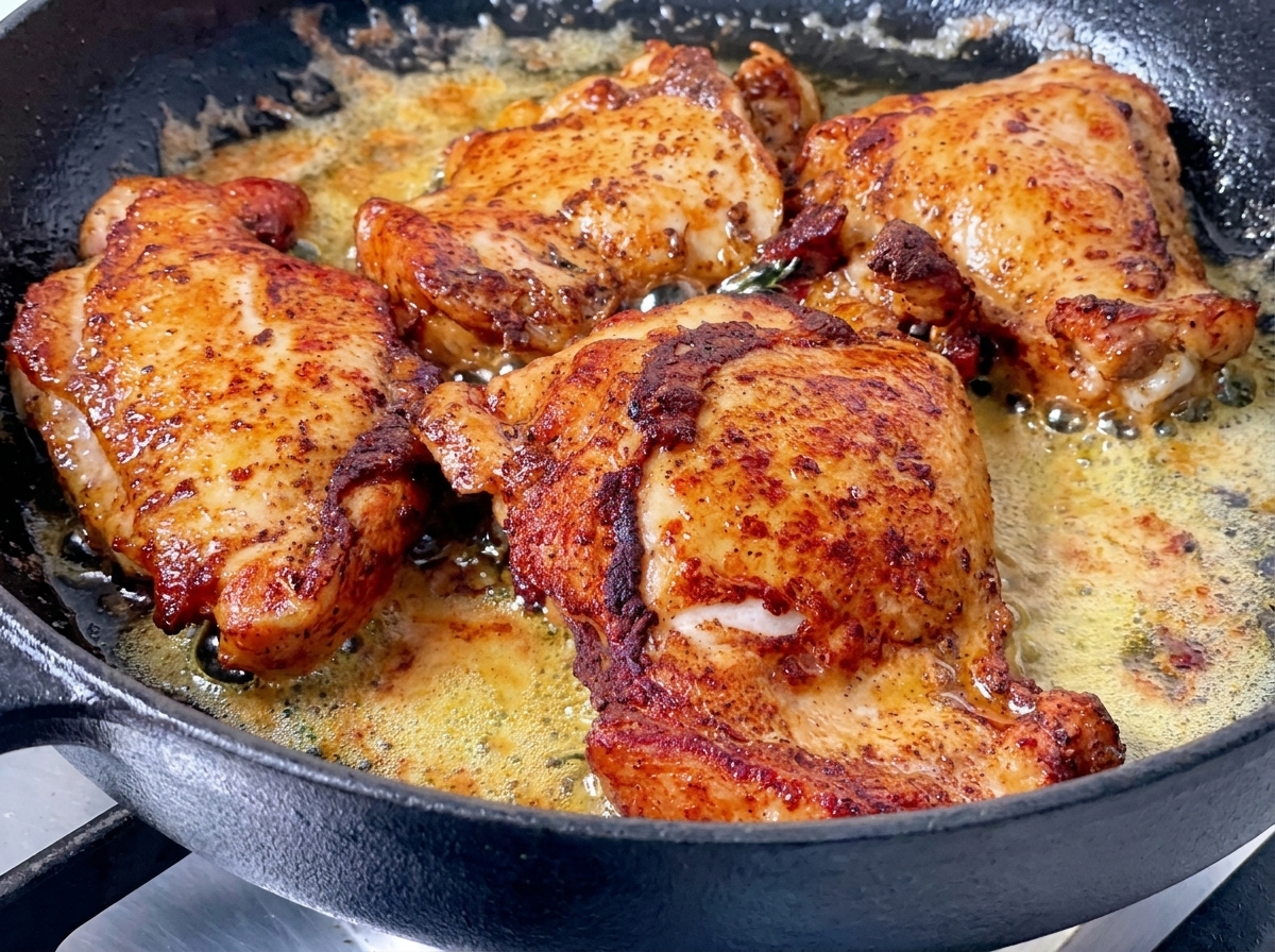 Vier gewürzte Hähnchenschenkel braten mit der Hautseite nach oben in einer gusseisernen Pfanne in aufschäumender Butter und zeigen eine goldbraune Kruste.
