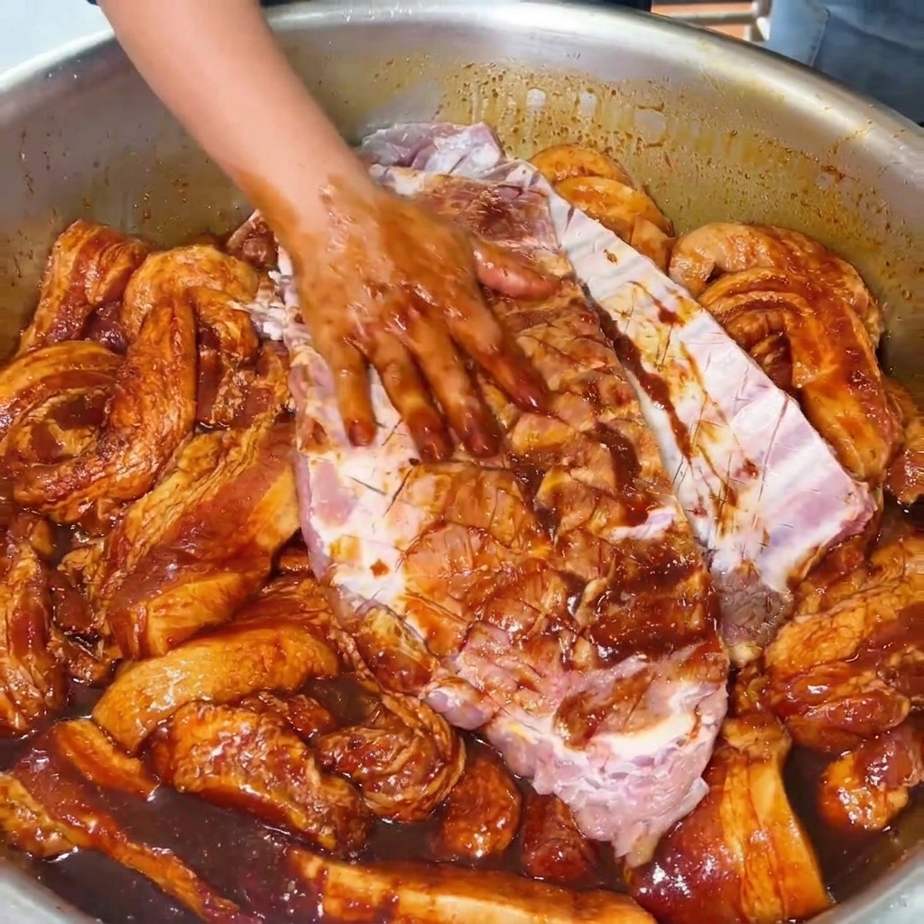Eine Hand reibt eine reichhaltige, dunkle Marinade gründlich in ein großes, eingeschnittenes Stück rohe Schweinerippchen in einer Edelstahlschüssel ein.