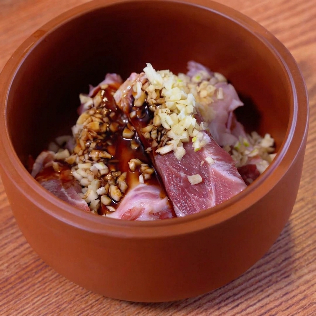 Rohe Schweinerippchen in einer braunen Tonschüssel, garniert mit gehacktem Knoblauch und dunklen Saucen.