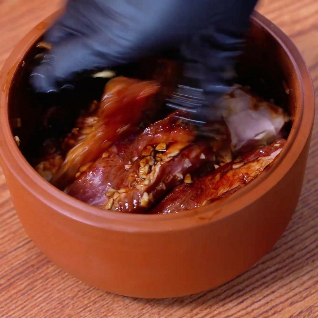 Eine Hand mit Handschuh vermengt rohe Schweinerippchen gründlich mit Knoblauch und dunklen Saucen in einer braunen Schüssel.
