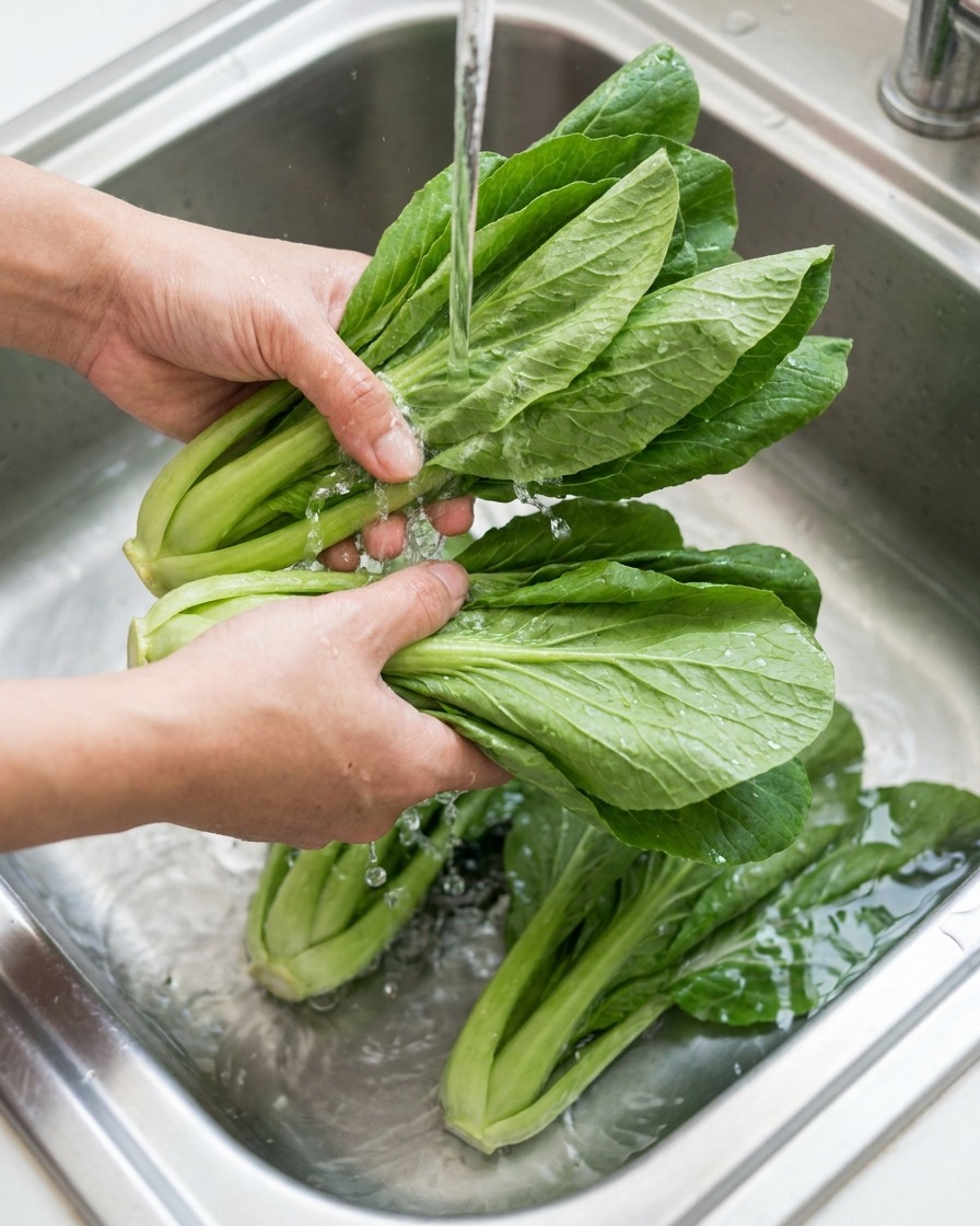 Hände waschen frischen grünen Pak Choi in einer Edelstahlspüle unter fließendem kaltem Wasser.