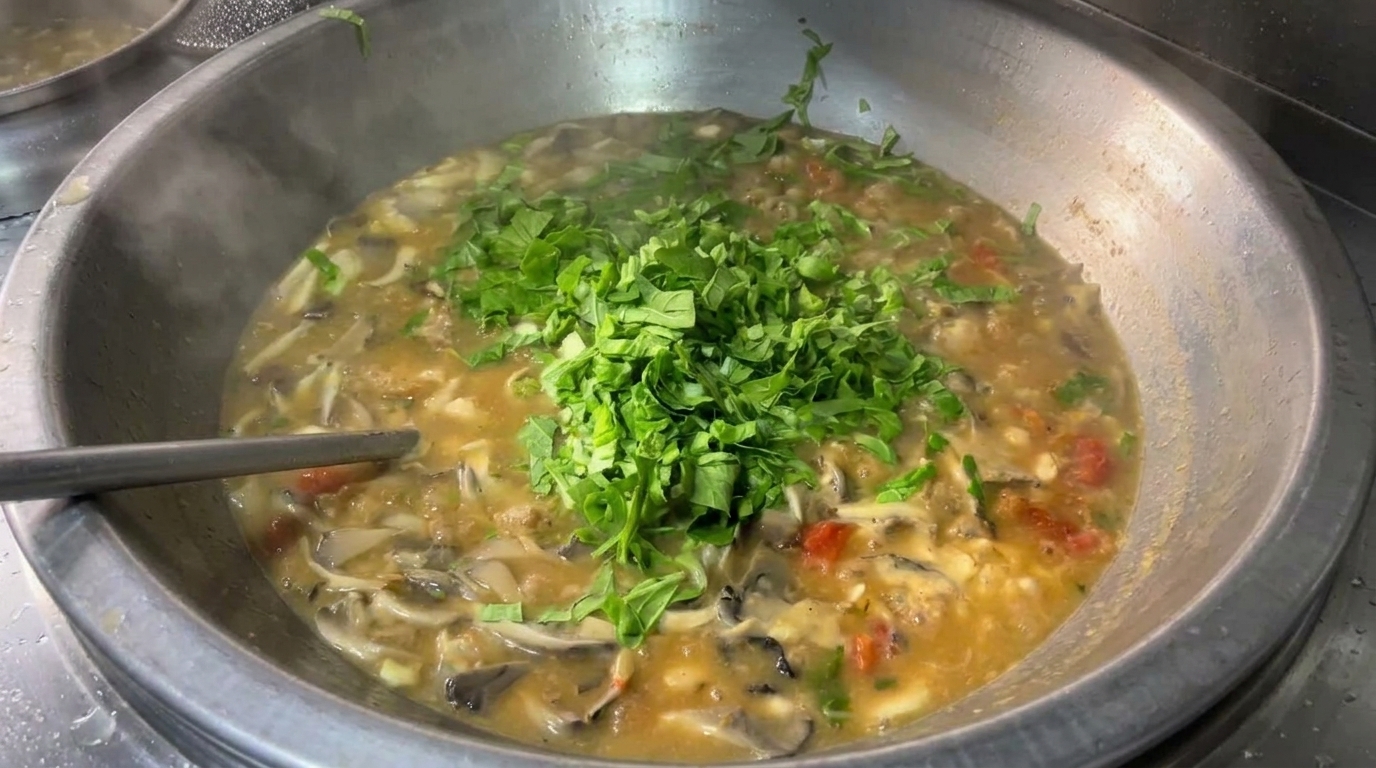 Mian Ge Da Tang: Chinesische Teigknöpfchen-Suppe mit Gemüse und Pilzen
