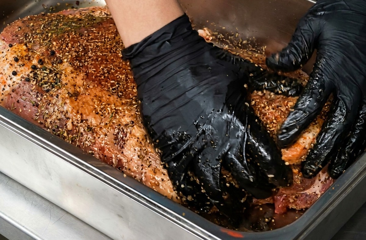 Hände in schwarzen Handschuhen drücken eine dicke Schicht aus grobem schwarzen Pfeffer und Gewürzen auf ein großes Stück rohe Rinderbrust in einer Metallschale.