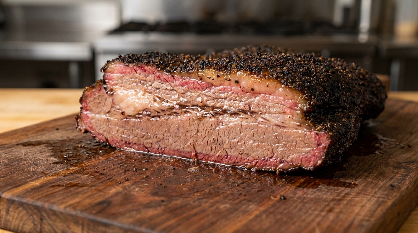 Frisch aufgeschnittenes, geräuchertes Beef Brisket mit einer dunklen Pfefferkruste, einem ausgeprägten rosa Rauchring und saftigen, marmorierten Fasern.