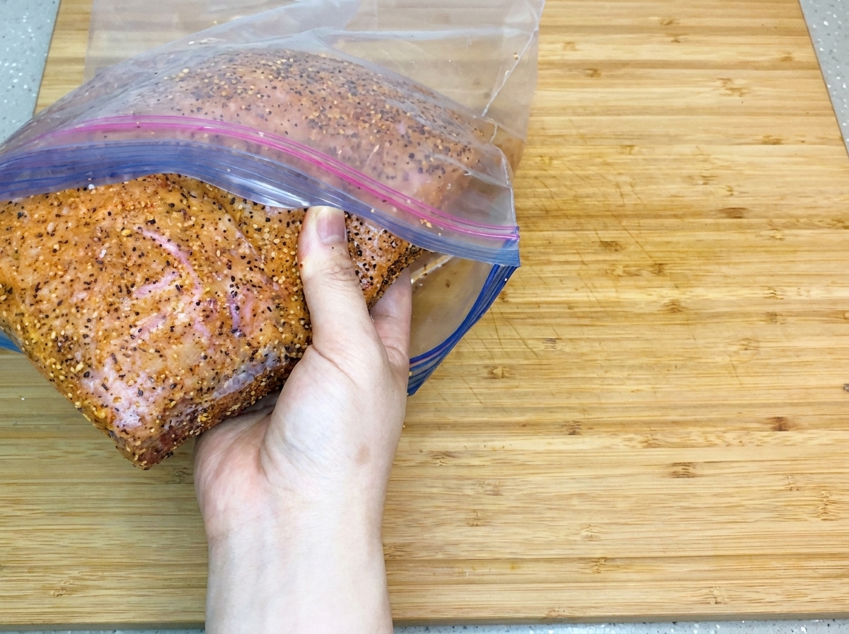 Eine Hand legt die mit Gewürzen eingeriebene Rinderbrust auf einem Holzschneidebrett in einen großen, transparenten Gefrierbeutel.