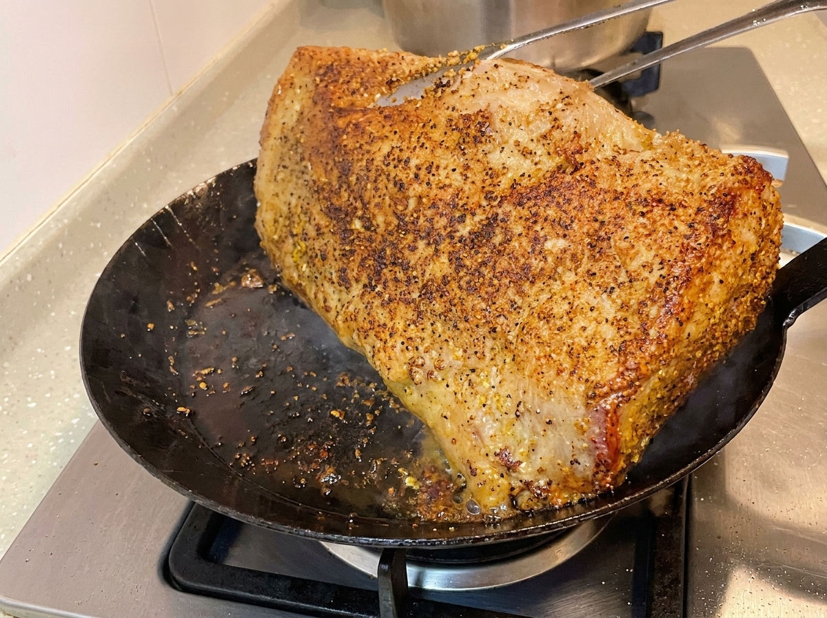 Eine Grillzange wendet ein dickes Stück Rinderbrust in einer heißen Pfanne und gibt den Blick auf eine tiefbraune, brutzelnde Kruste frei.