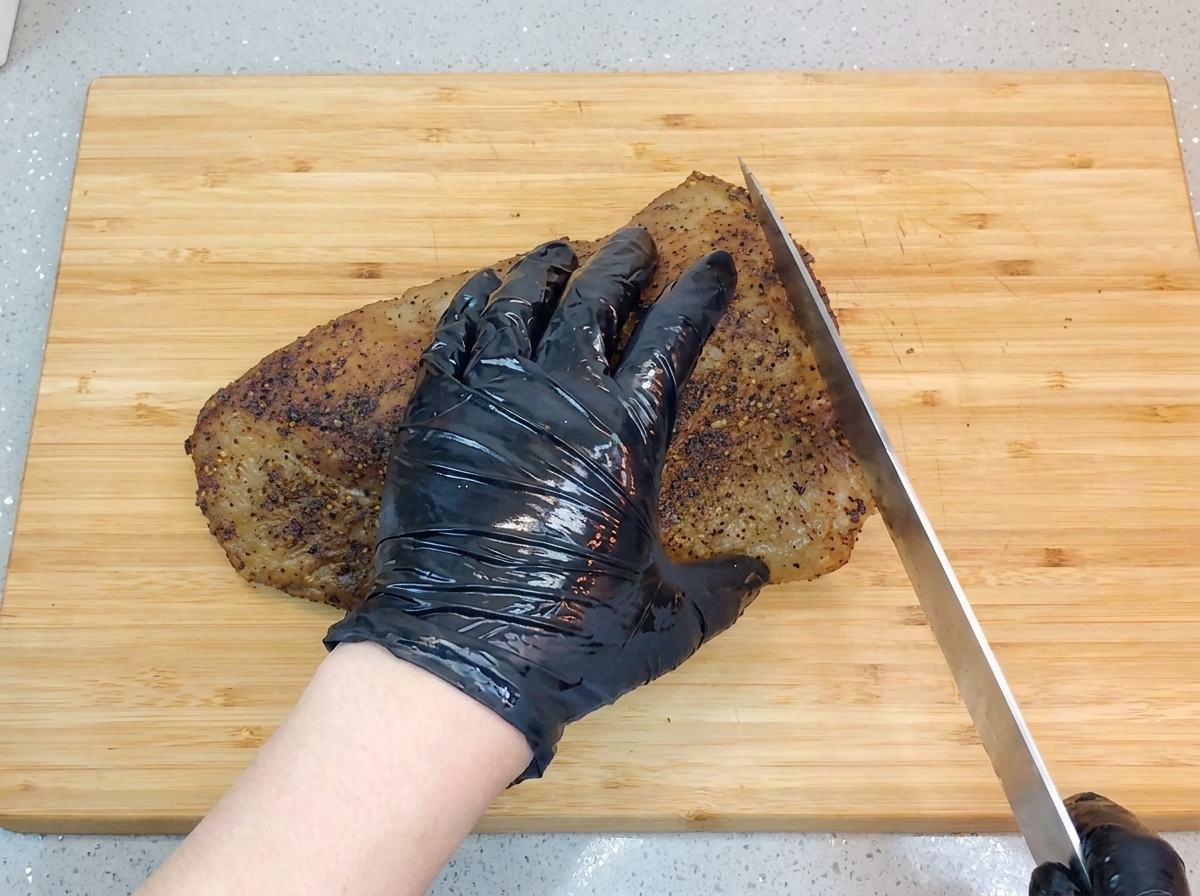 Eine Hand mit Handschuh fixiert ein gegartes Stück Rinderbrust auf einem Holzbrett, während es mit einem langen Kochmesser aufgeschnitten wird.