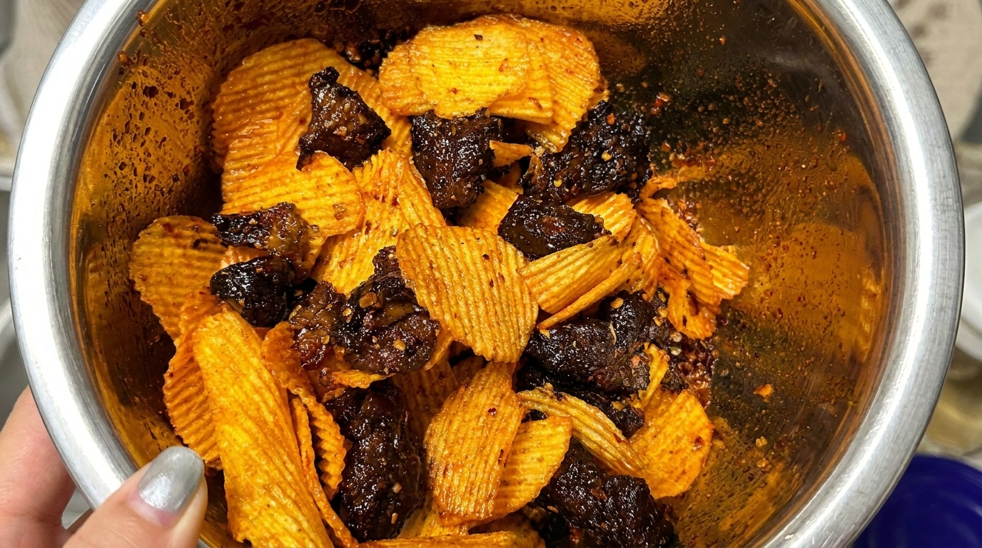 Scharfes Rinderbrustfett aus der Heißluftfritteuse gemischt mit Kartoffelchips