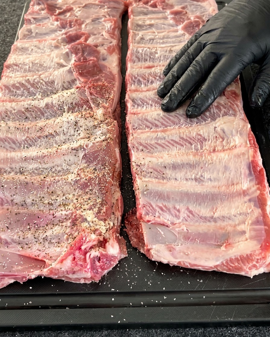 Ein Strang Schweinerippchen liegt flach auf einer Arbeitsfläche, während die Knochenseite gleichmäßig mit Salz, Pfeffer und Knoblauch gewürzt wird.