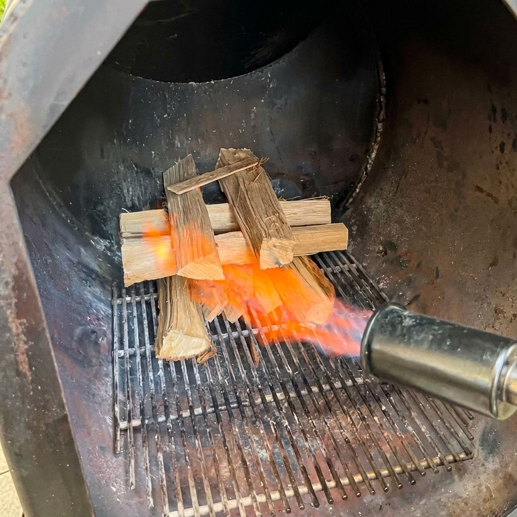 Ein Gasbrenner richtet eine orangefarbene Flamme auf aufgeschichtete Eichenholzscheite in der Feuerbox eines schwarzen Smokers.