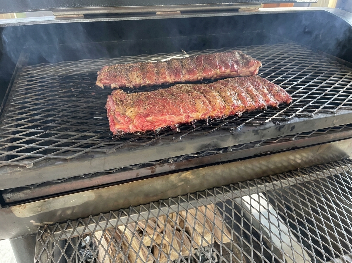 Zwei Stränge gewürzte Schweinerippchen liegen auf dem Metallrost eines geöffneten Smokers, während leichter Rauch aufsteigt.