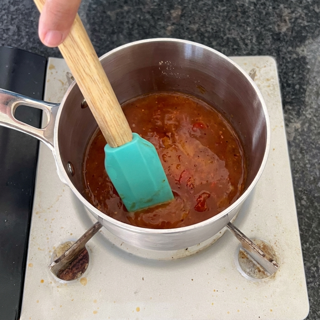 Eine Hand rührt eine rötlich-braune, köchelnde Barbecue-Mop-Sauce mit einem türkisfarbenen Spatel in einem Topf um.