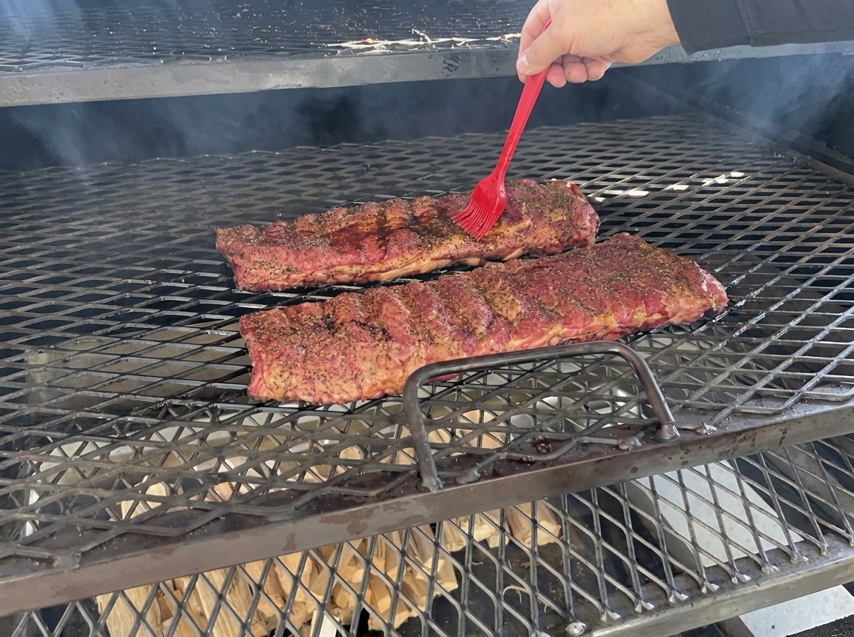Eine Hand bestreicht zwei lange Rippchenstränge im Inneren eines großen, schwarzen Smokers mithilfe eines Pinsels mit Sauce.