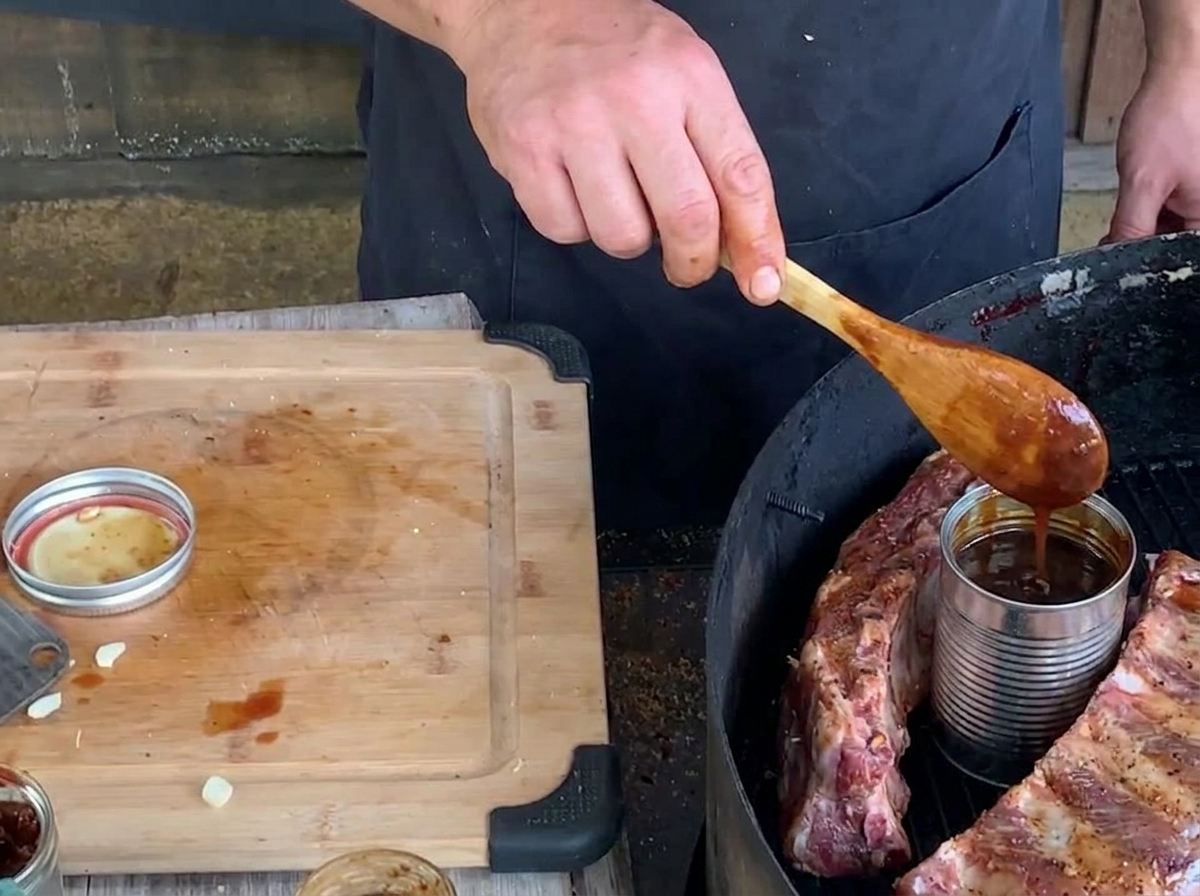 Eine Person gieße eine dunkle Blaubeer-Barbecue-Sauce mit einem Holzlöffel in eine Blechdose, die sich in einem Rippchen-Becher auf dem Grill befindet.