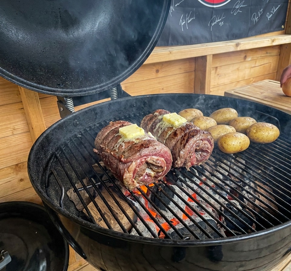 Zwei gerollte Fleischbecher, auf denen Butter schmilzt, garen auf einem Kugelgrill neben mehreren ganzen Kartoffeln.