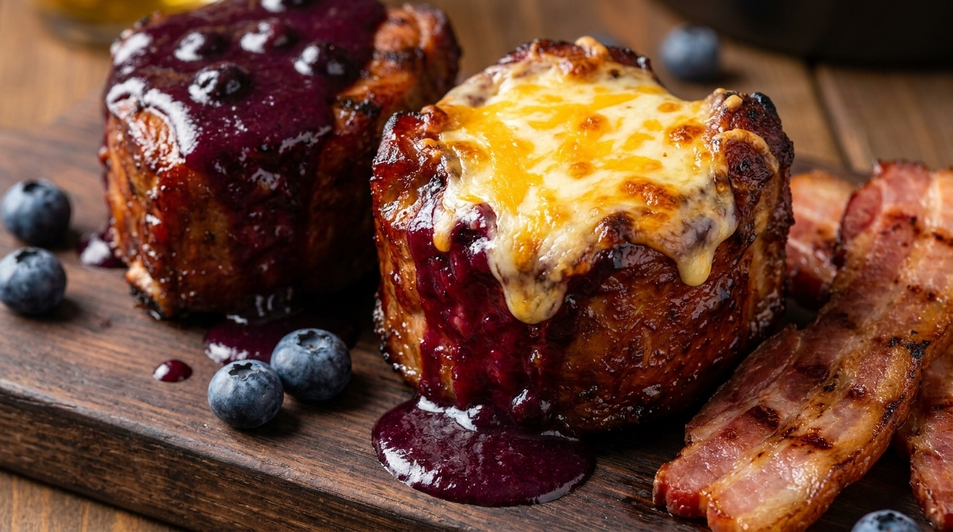 Zwei karamellisierte BBQ-Rippchen-Becher, glasiert mit glänzender Blaubeer-Barbecue-Sauce und überbacken mit goldgelbem Käse, serviert mit gegrilltem Speck.