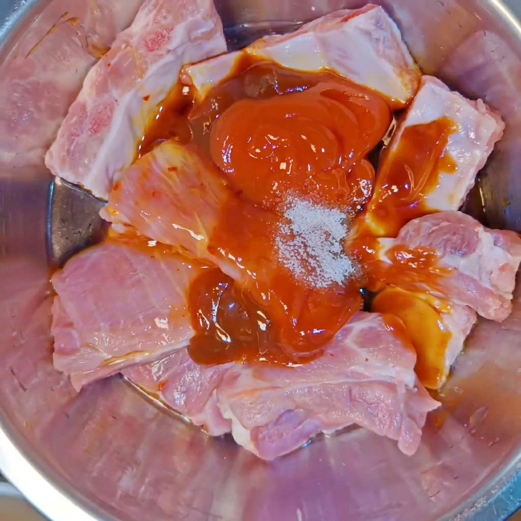 Rohe Schweinerippchen in einer Metallschüssel, bedeckt mit verschiedenen Saucen, Salz und einer Würzpaste.