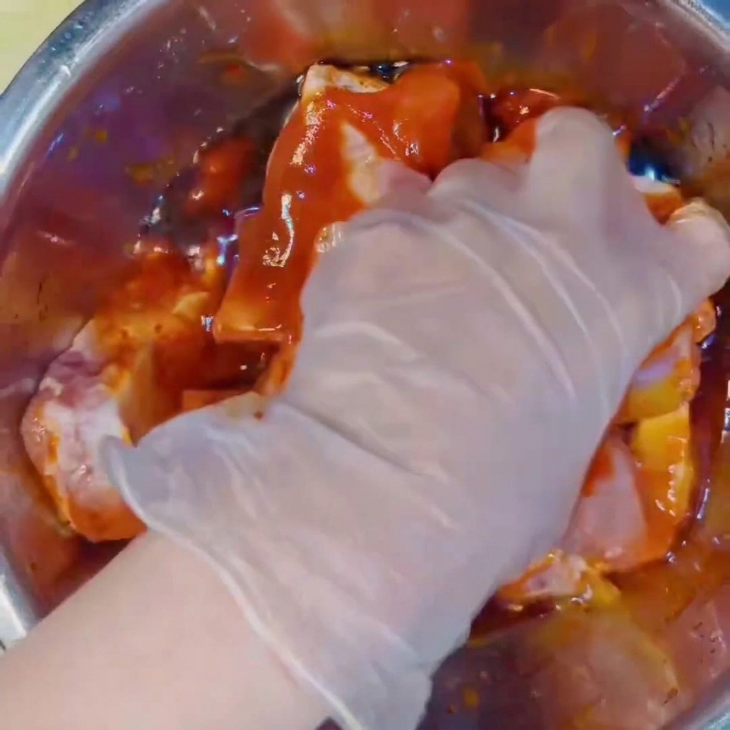 Eine Hand in einem transparenten Plastikhandschuh vermengt rohe Schweinerippchen mit der roten Marinade in einer Edelstahlschüssel.
