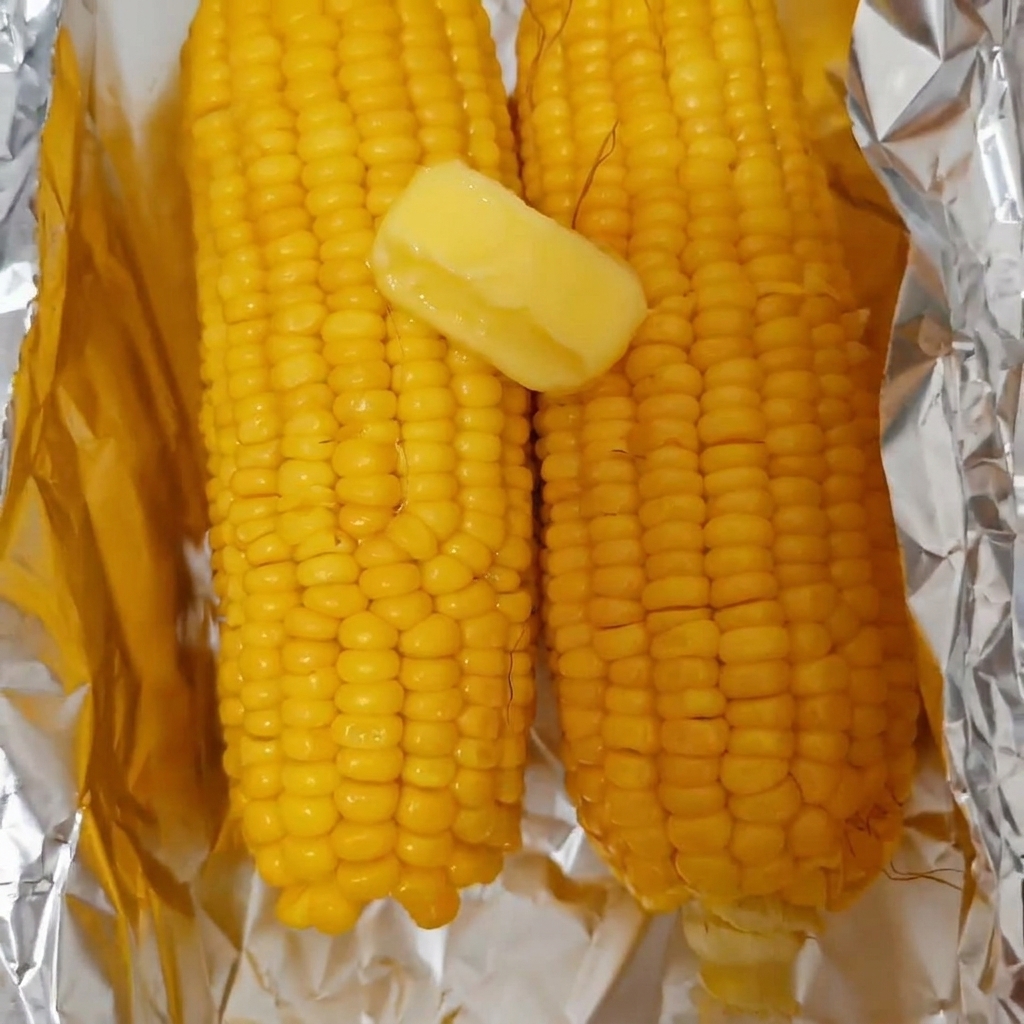 Ein Stück gelbe Butter schmilzt auf zwei heißen, gekochten Zuckermaiskolben auf Alufolie.