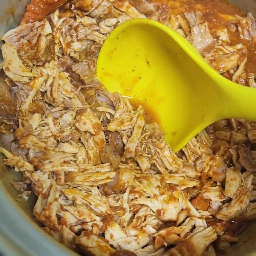 Gezupftes Schweinefleisch wird in einem Topf mit einer großen gelben Kelle mit einer herzhaften BBQ-Sauce vermengt.