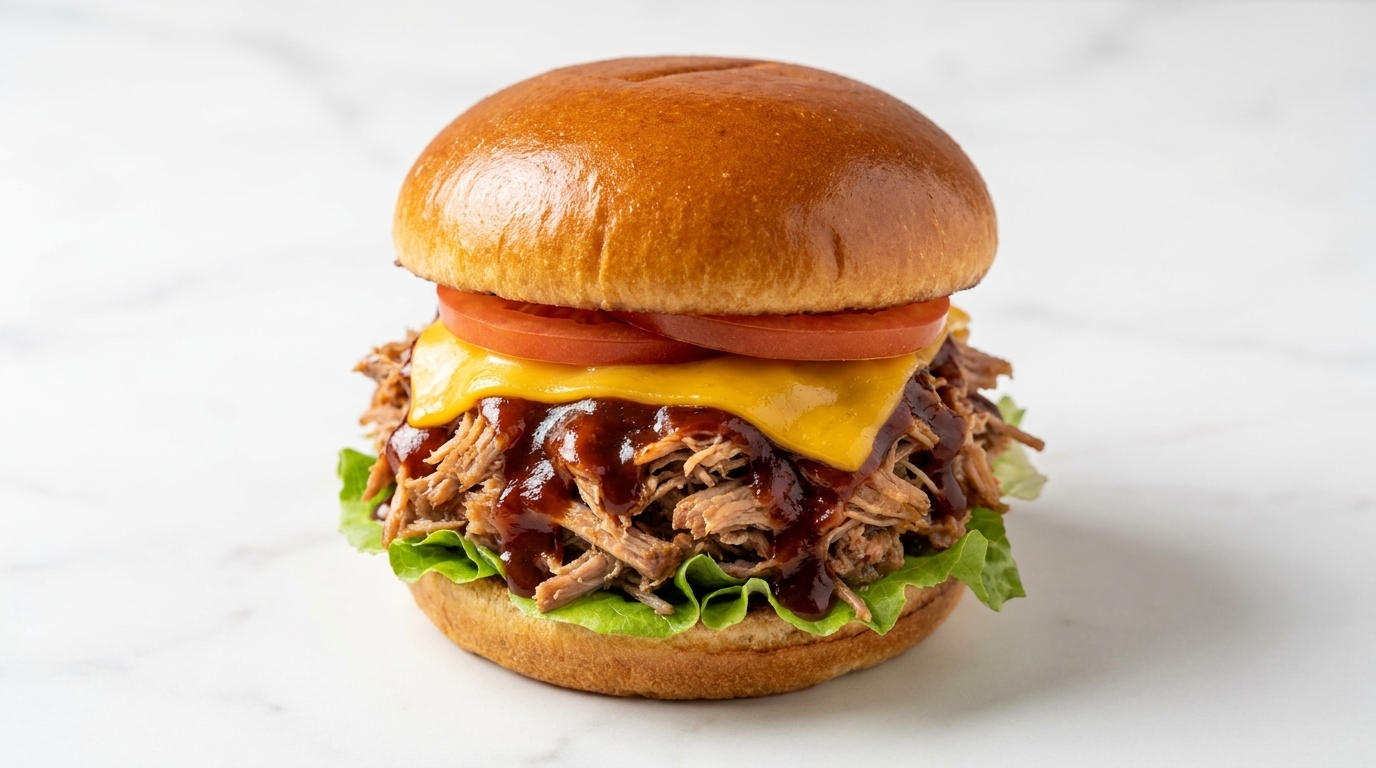 Ein hausgemachter BBQ Pulled Pork Burger mit geschmolzenem Cheddar-Käse, herzhaftem gezupftem Fleisch in Barbecuesauce und einer frischen Tomatenscheibe in einem glänzenden Brioche-Brötchen