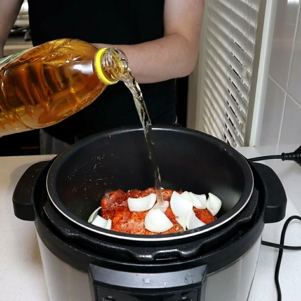 Eine goldene Flüssigkeit wird aus einer großen Plastikflasche in den Topf eines elektrischen Schnellkochtopfs gegossen, in dem sich das Fleisch und die Zwiebelstücke befinden.