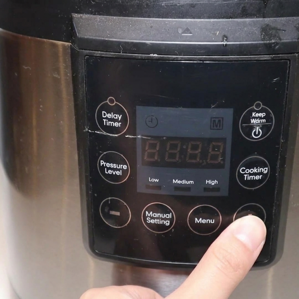 Ein Finger drückt eine Taste auf dem digitalen Bedienfeld eines elektrischen Schnellkochtopfs aus Edelstahl.