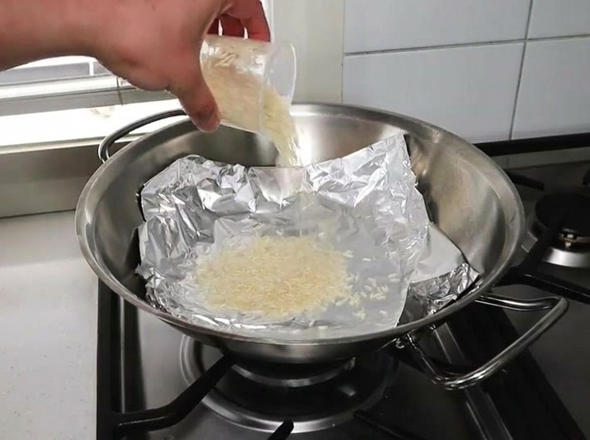 Eine Hand schüttet weißen Reis aus einem Plastikbecher auf ein Stück Alufolie am Boden eines Metallwoks.