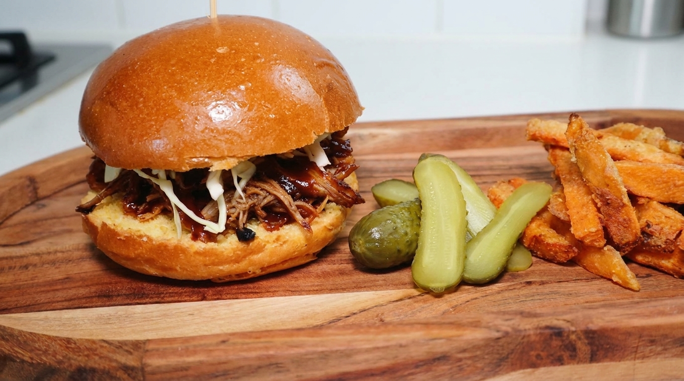 Smoked Pulled Pork Burger mit Süßkartoffel-Pommes