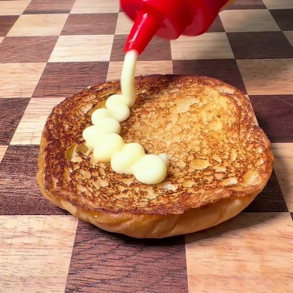 Mayonnaise wird aus einer roten Flasche auf ein geröstetes Burgerbrötchen gespritzt, das auf einer karierten Unterlage liegt.