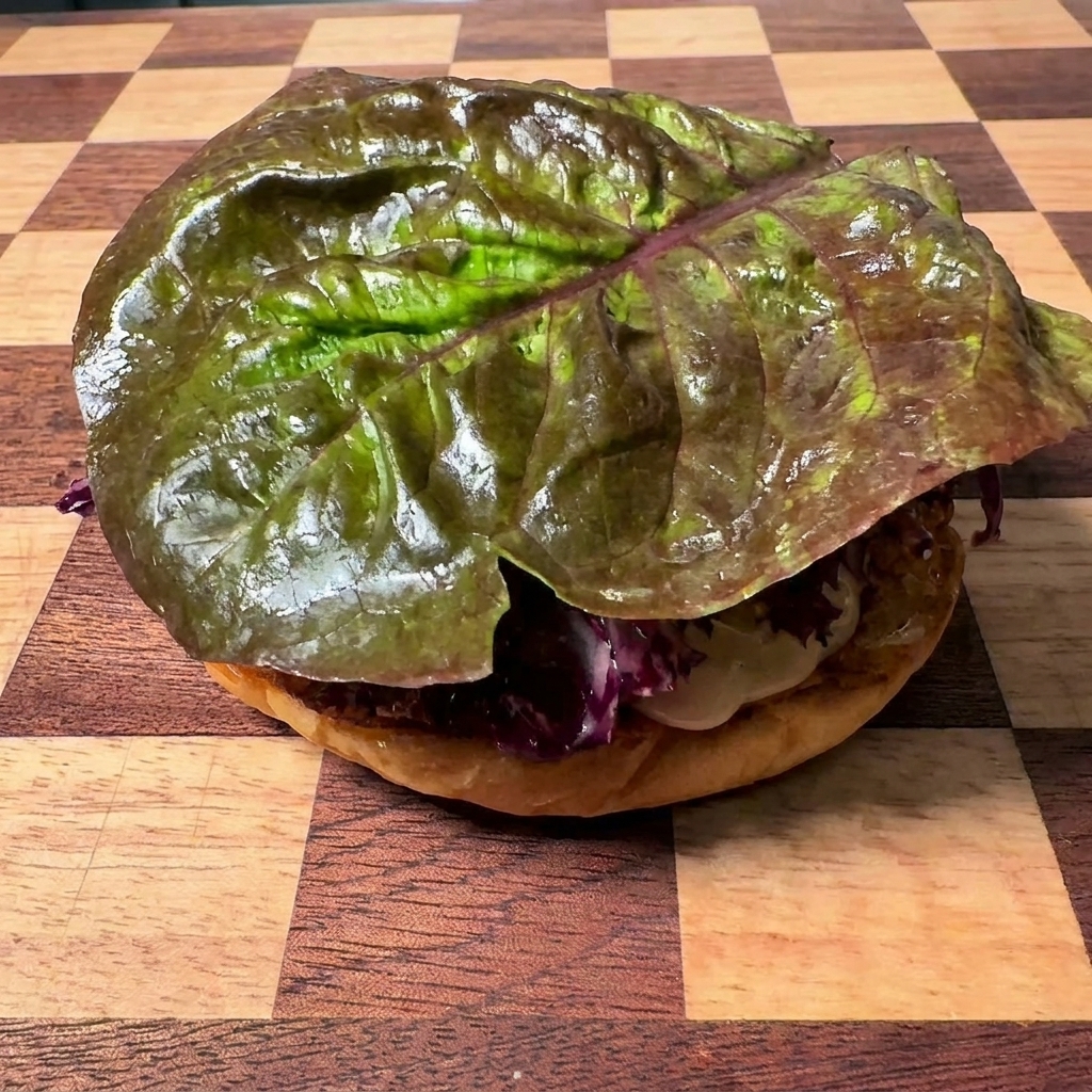 Ein breites, dunkelgrünes Salatblatt, das auf einem Burgerbrötchen auf einem karierten Holzschneidebrett liegt.