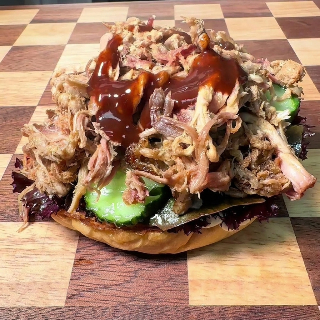 Dunkle, glänzende Barbecue-Sauce, die über eine ordentliche Portion Pulled Pork auf einem Burgerbrötchen geträufelt wird.