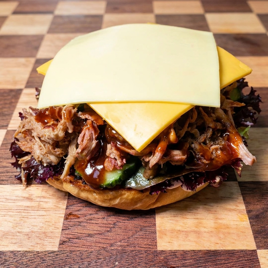 Quadratische Scheiben gelben Käses, die ordentlich auf einem Pulled Pork Burger mit Barbecue-Sauce platziert sind.