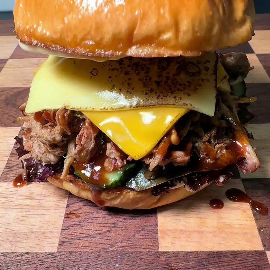 Ein hochgestapelter Pulled Pork Burger, auf den die glänzende Oberhälfte eines Brioche-Brötchens gesetzt wird.