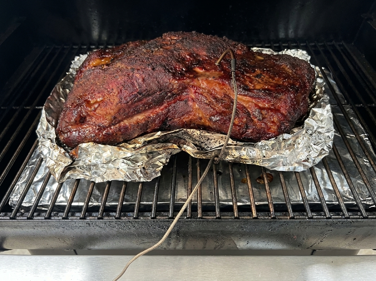 Ein großes, dunkles Stück gewürztes Schweinefleisch gart auf Aluminiumfolie in einem Edelstahl-Smoker mit einem eingesteckten Temperaturfühler.